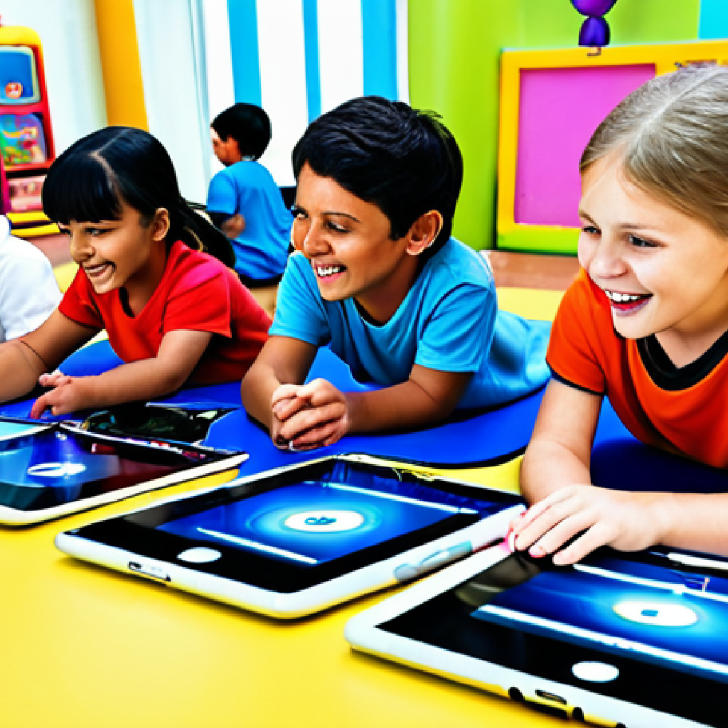 **A vibrant, colorful digital playground scene. Children are happily engaged with tablets and laptops, learning through interactive games and simulations. The scene evokes a sense of fun, exploration, and personalized learning experiences with modern Edutech tools.**