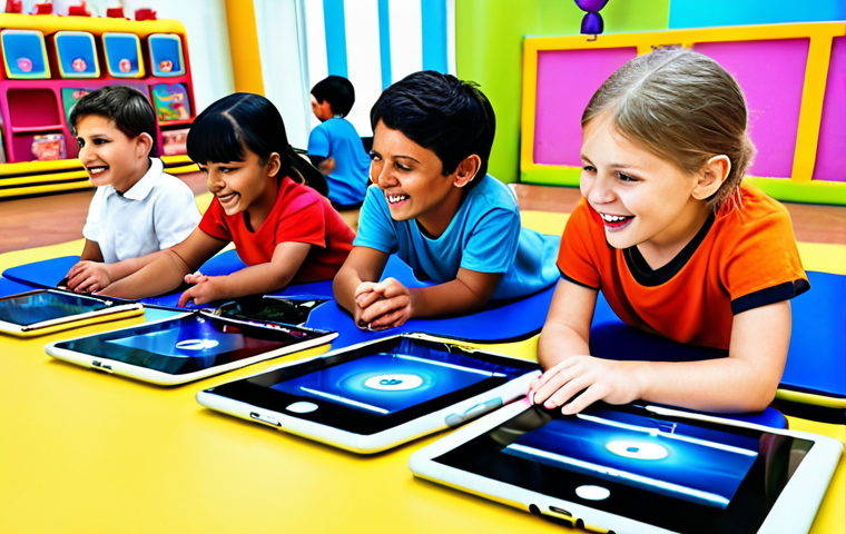 **A vibrant, colorful digital playground scene. Children are happily engaged with tablets and laptops, learning through interactive games and simulations. The scene evokes a sense of fun, exploration, and personalized learning experiences with modern Edutech tools.**