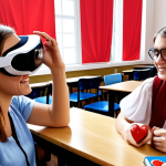 **

Prompt: "A bright, modern classroom filled with students wearing VR headsets, immersed in different virtual worlds. One student is exploring ancient Rome, another is practicing ordering coffee in a Parisian café, and a third is dissecting a virtual human heart. The teacher is smiling, guiding the students. Emphasis on the excitement and engagement of the students. Polish flag subtly incorporated in the background."

**