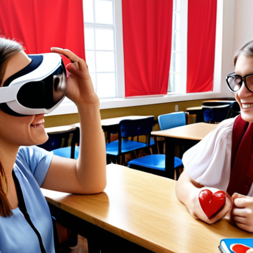 **

Prompt: "A bright, modern classroom filled with students wearing VR headsets, immersed in different virtual worlds. One student is exploring ancient Rome, another is practicing ordering coffee in a Parisian café, and a third is dissecting a virtual human heart. The teacher is smiling, guiding the students. Emphasis on the excitement and engagement of the students. Polish flag subtly incorporated in the background."

**